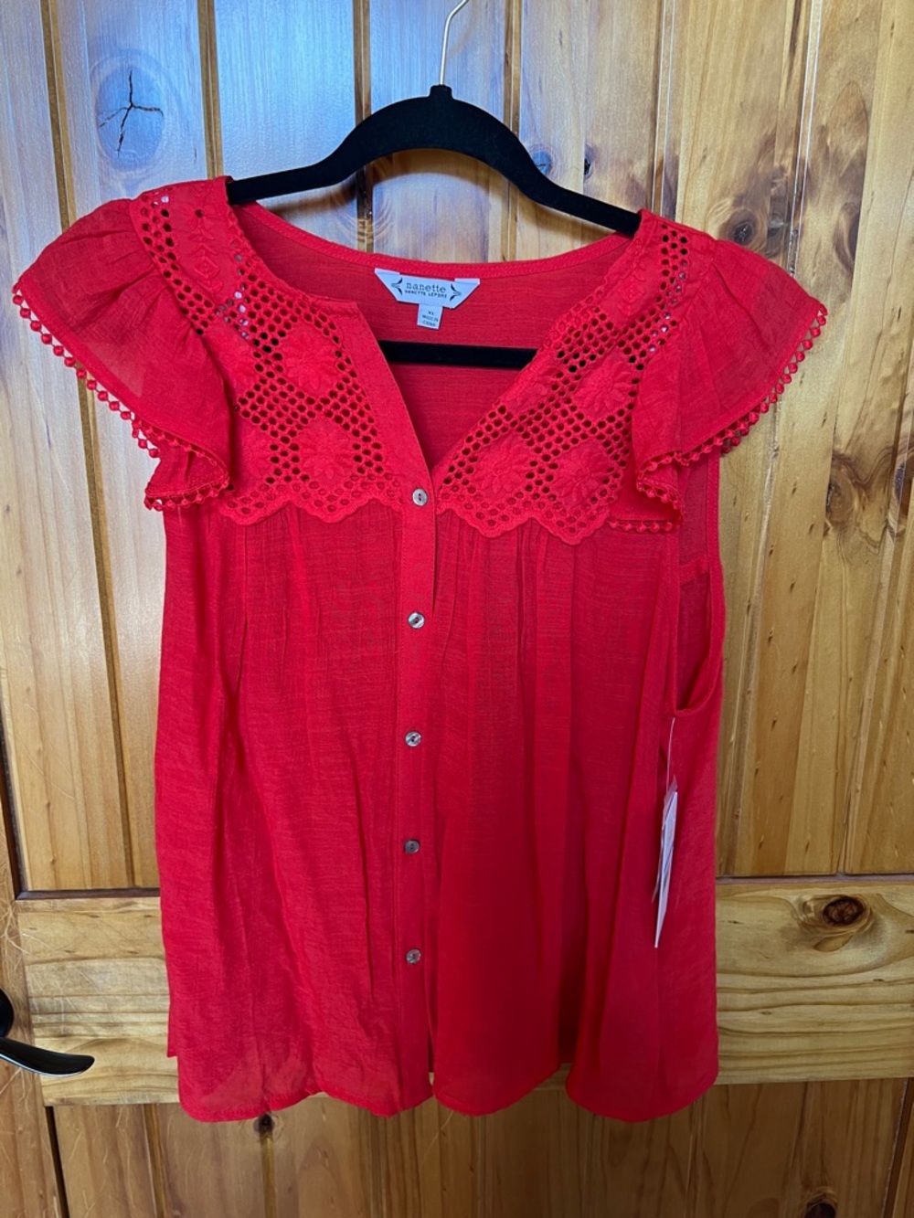 Nanette Lepore Red Crochet Yoke Ruffle Sleeve Button-Front Blouse